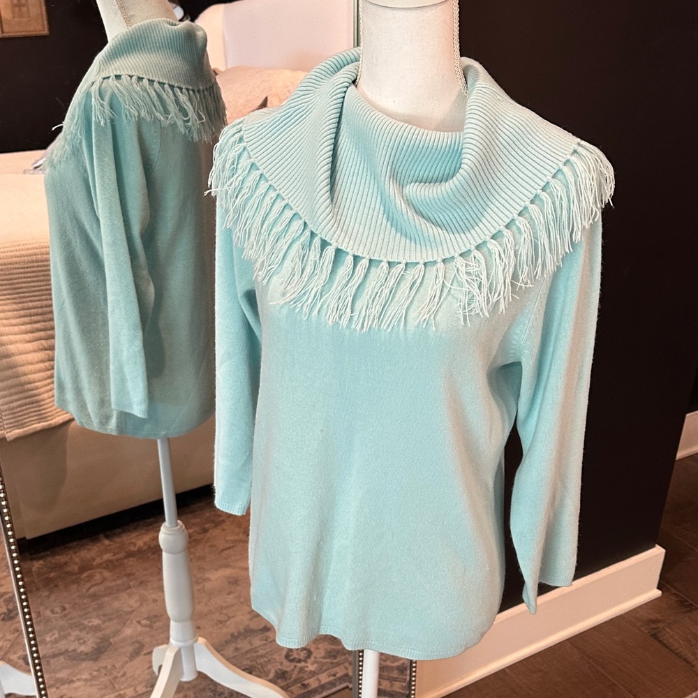 Elegant Fringed Cowl Neck Sweater in Light Blue